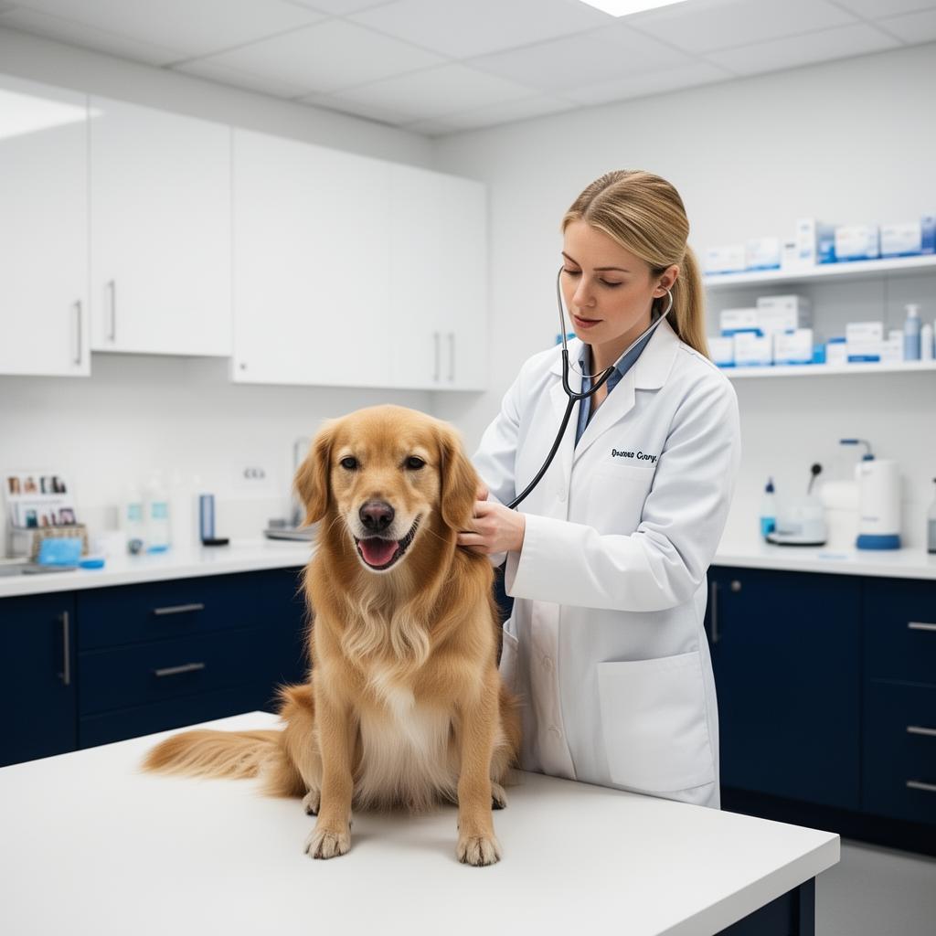 Veterinaria profesional examinando a un paciente canino en consultorio