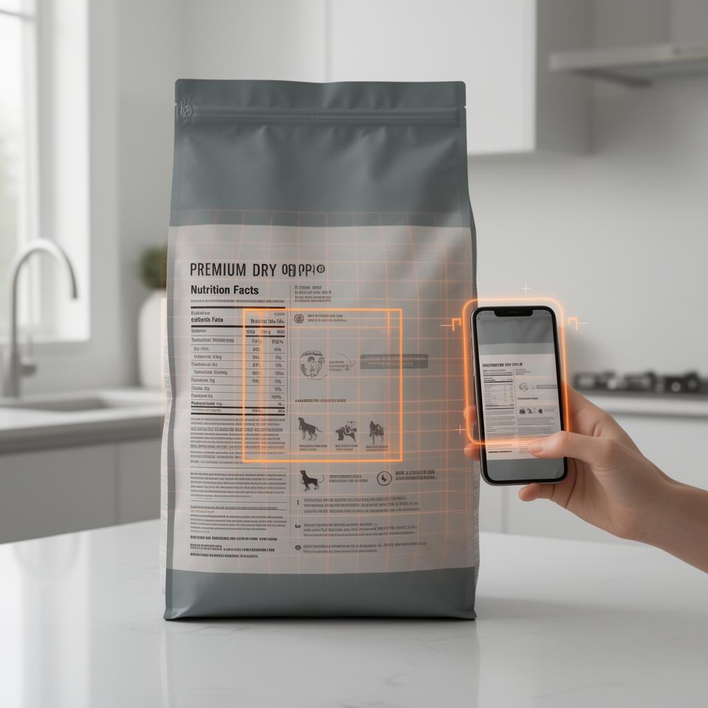 Smartphone escaneando un bulto de alimento para mascota con SafeChoice AI